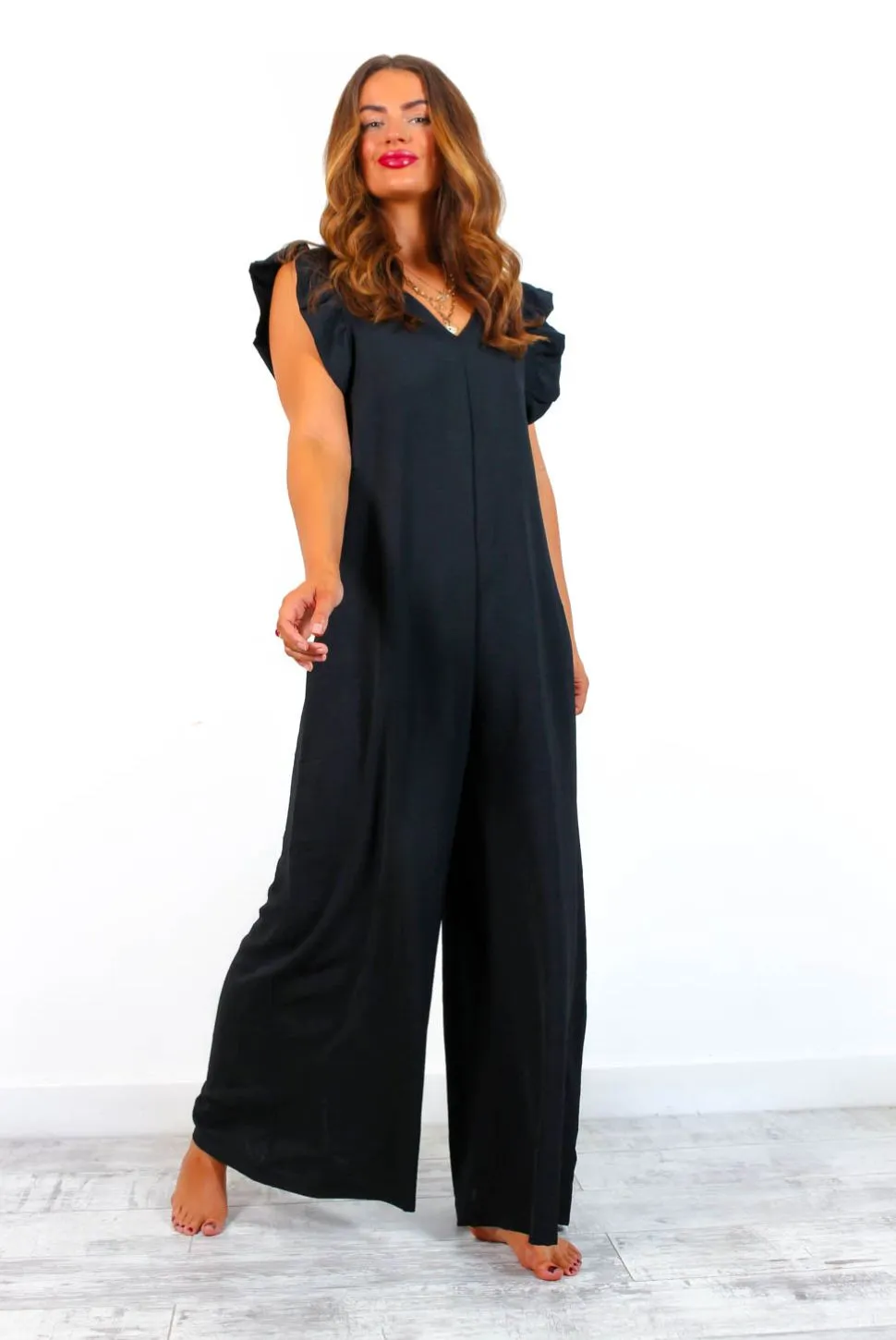 Diamond In The Ruffle - Black Wide Leg Jumpsuit