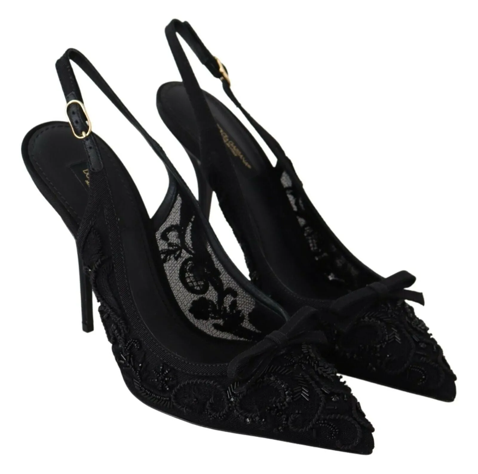 Dolce & Gabbana Black Tulle Ricamo Heels Slingback Shoes