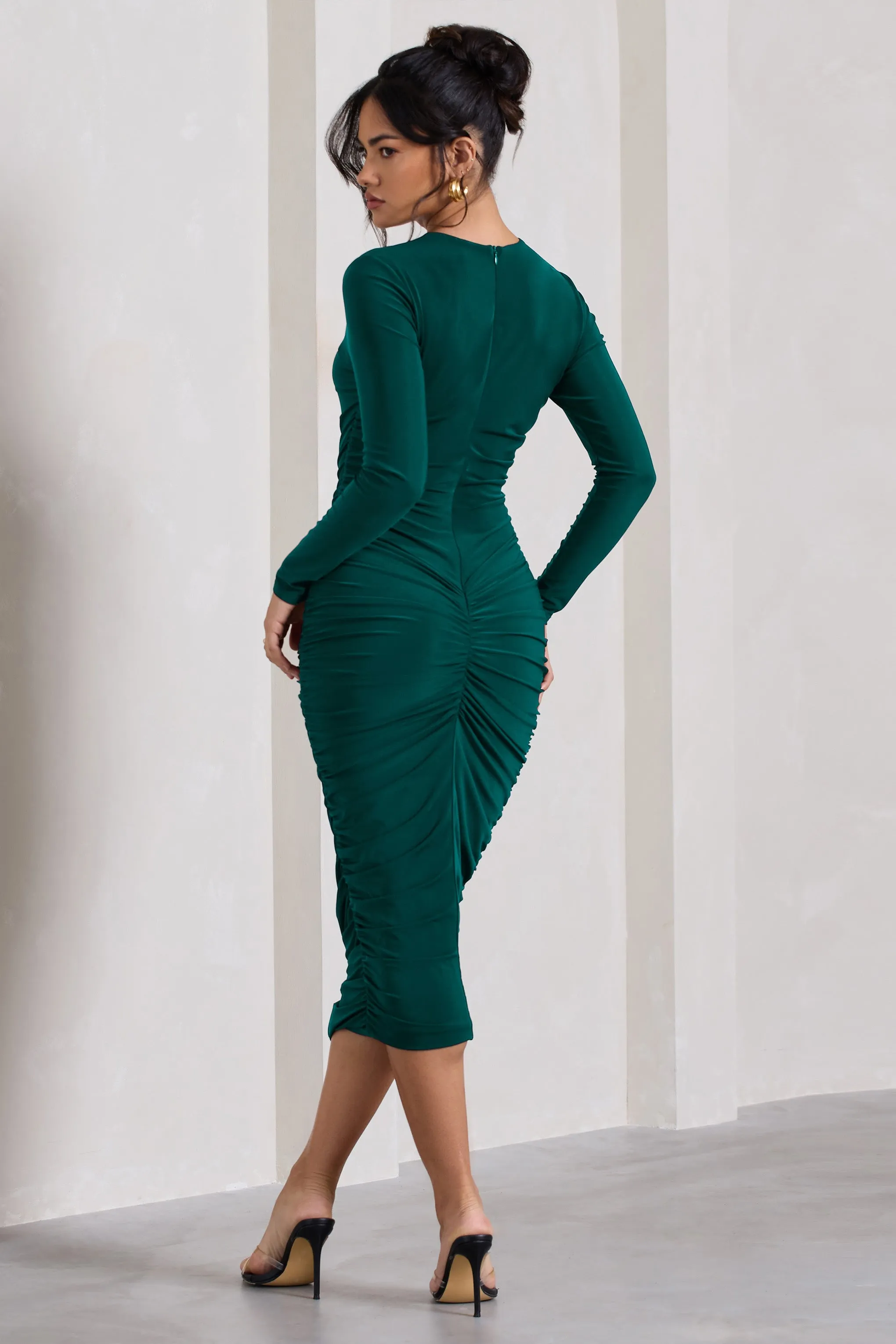 Emilie | Bottle Green Ruched Long-Sleeve Midi Dress