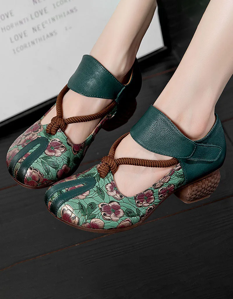 Ethnic Style Flower Leather Chunky Heel Sandals