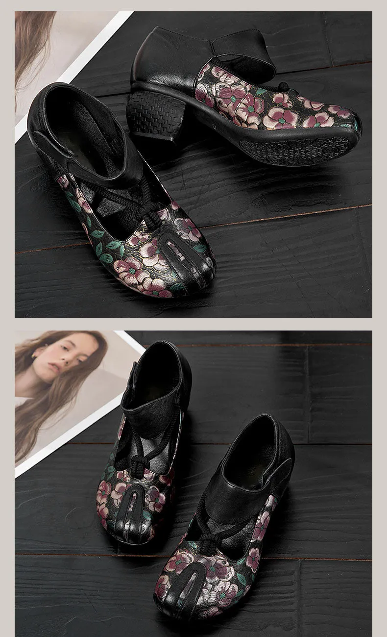 Ethnic Style Flower Leather Chunky Heel Sandals