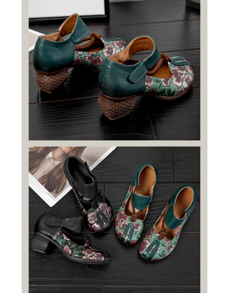 Ethnic Style Flower Leather Chunky Heel Sandals