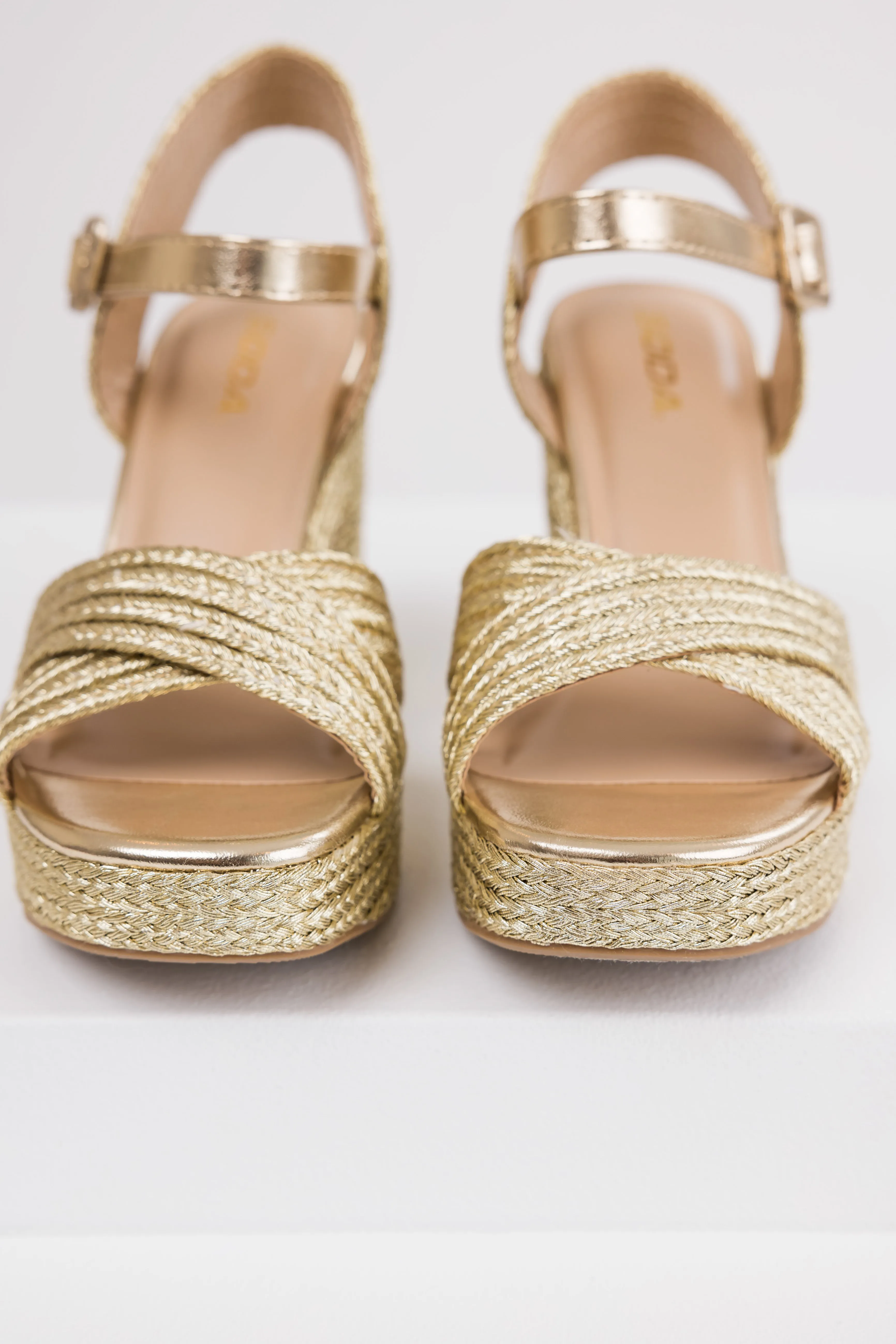 Gold Raffia Woven Open Toed Platform Heels