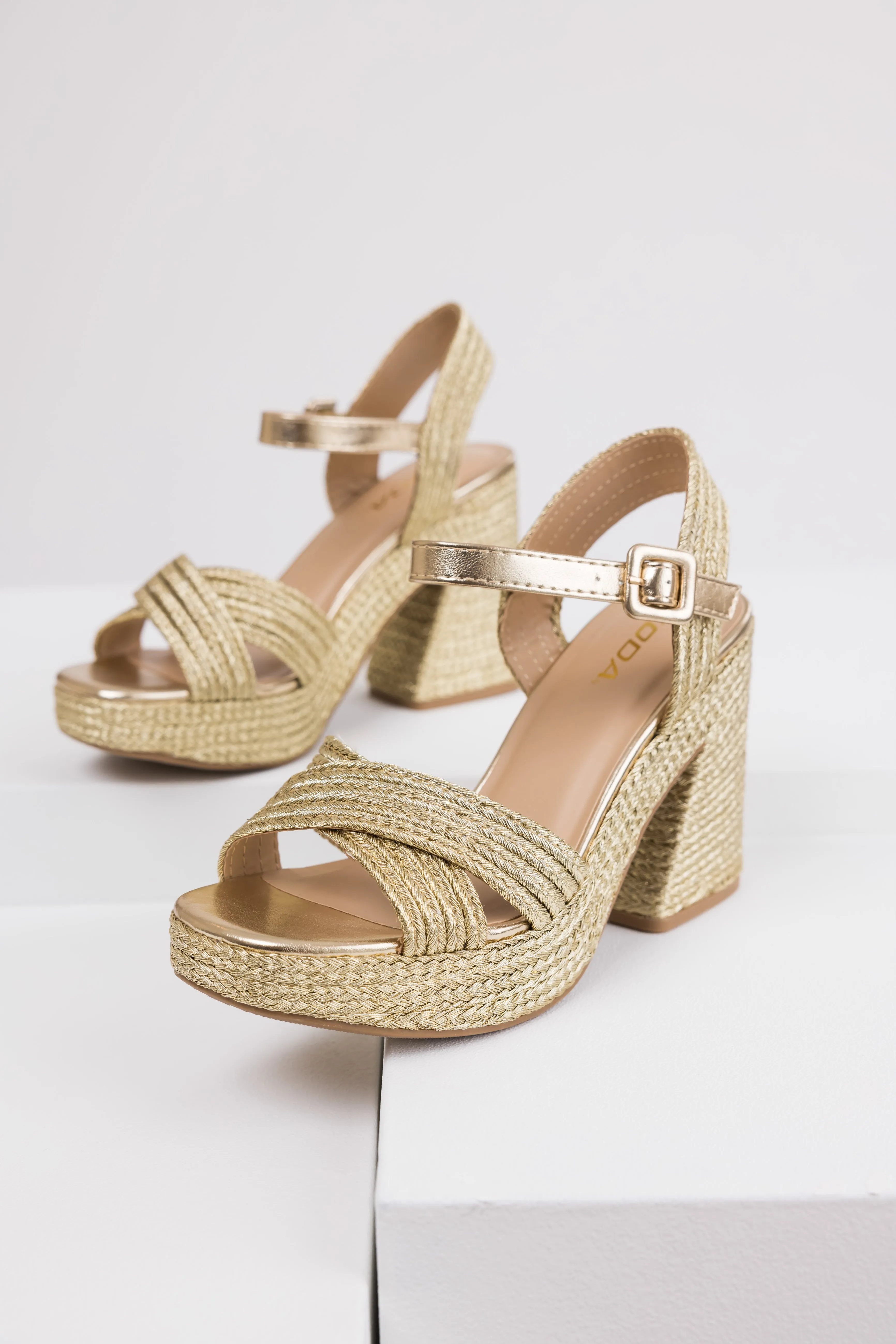 Gold Raffia Woven Open Toed Platform Heels