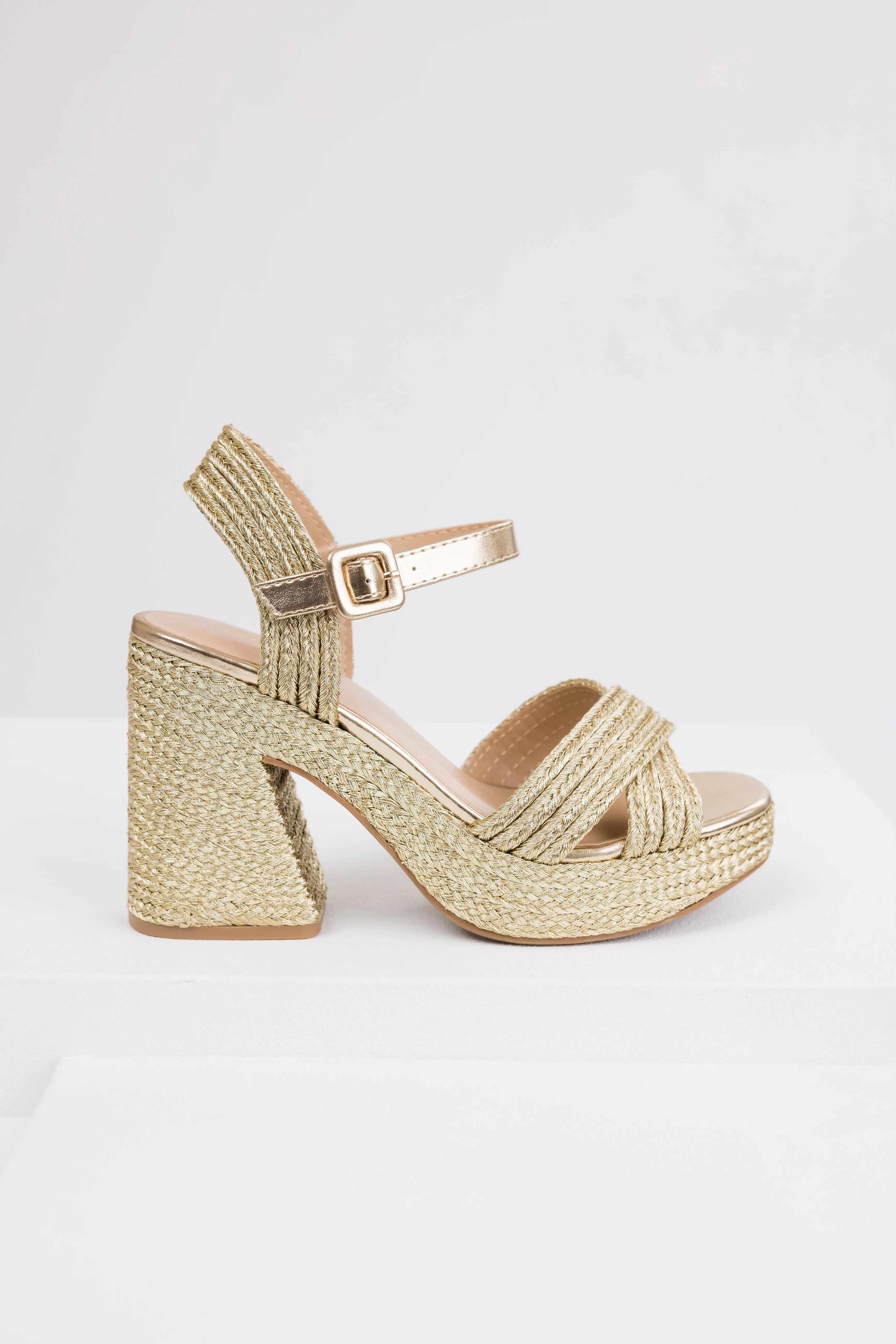 Gold Raffia Woven Open Toed Platform Heels