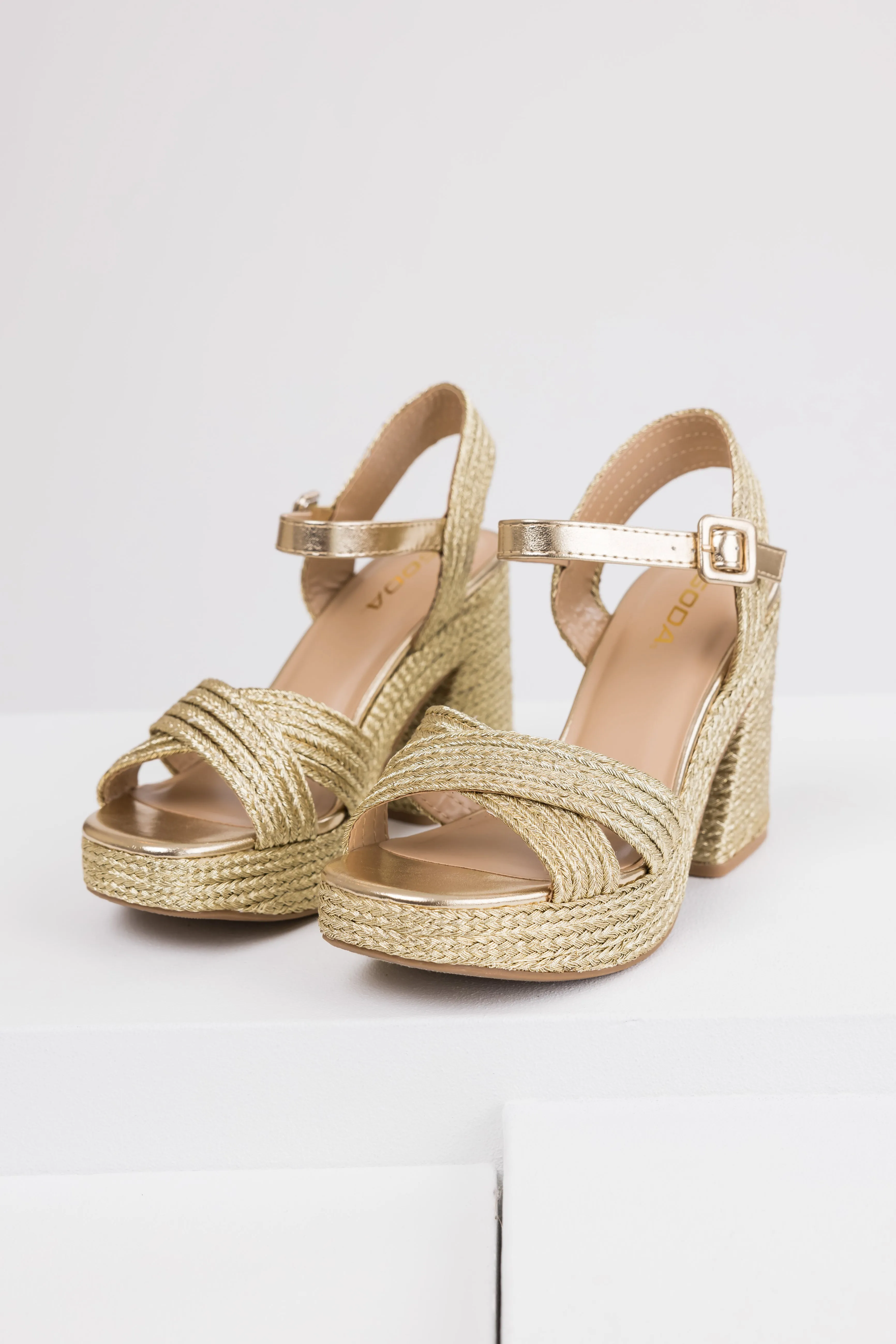 Gold Raffia Woven Open Toed Platform Heels