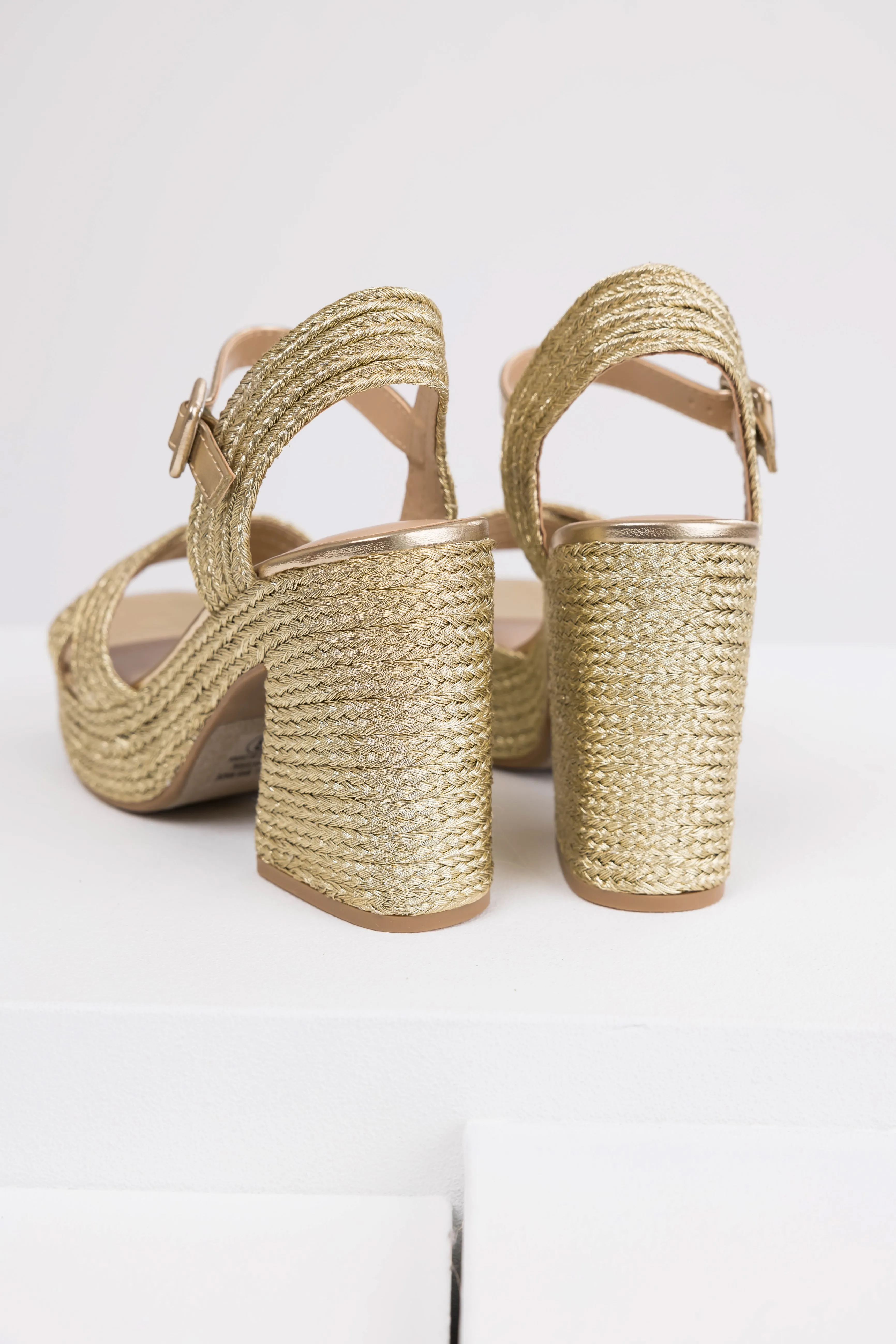 Gold Raffia Woven Open Toed Platform Heels