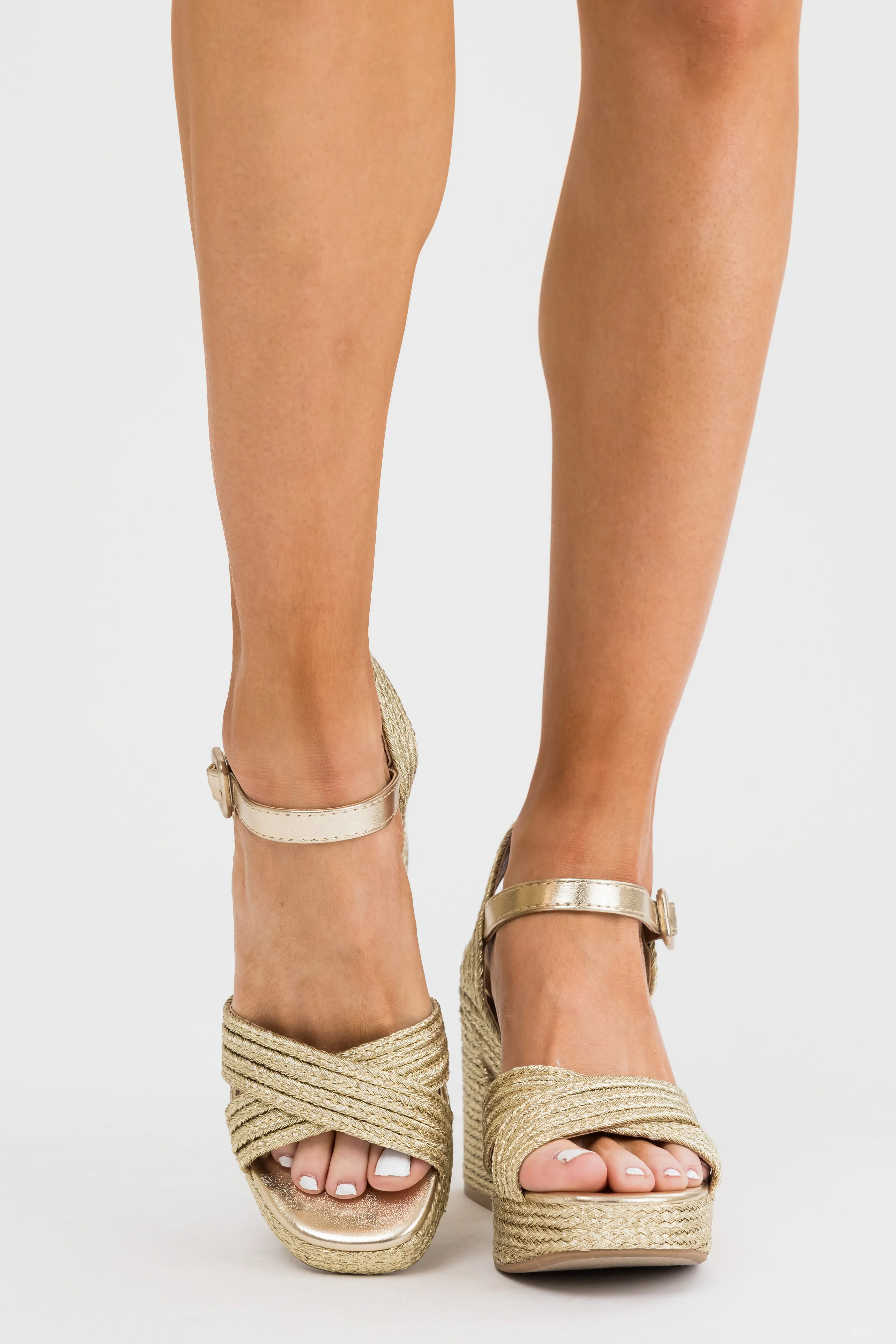 Gold Raffia Woven Open Toed Platform Heels