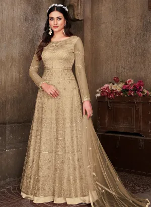 Golden Beige Thread Embroidery Net Anarkali Suit