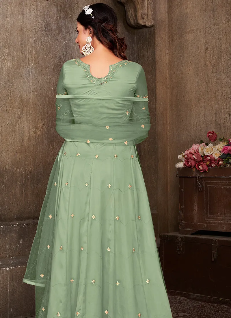 Green Thread Embroidery Net Anarkali Suit