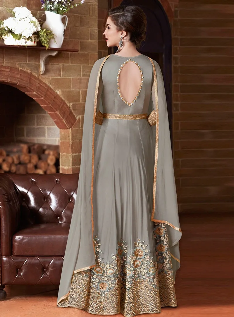 Grey Glam Embroidered Flared Anarkali Suit