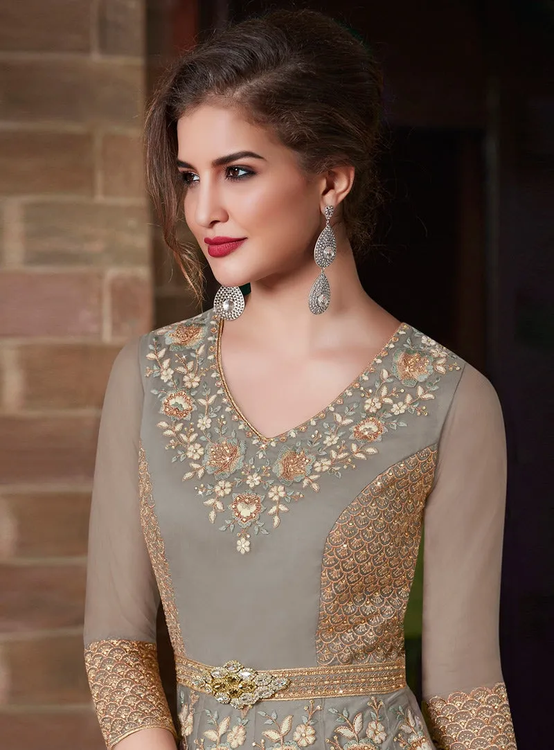 Grey Glam Embroidered Flared Anarkali Suit