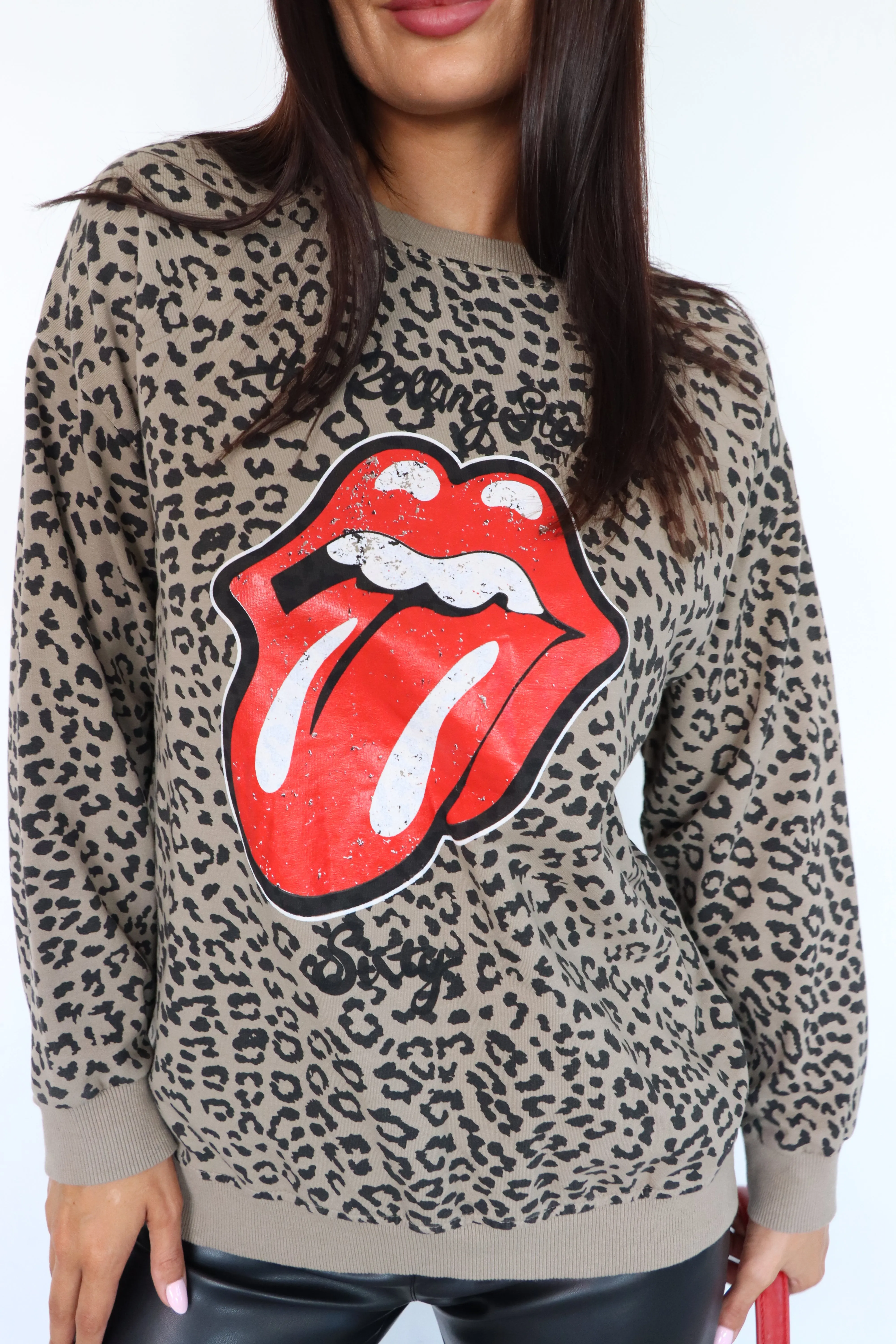 I'm With The Band - Beige Leopard Graphic Sweatshirt