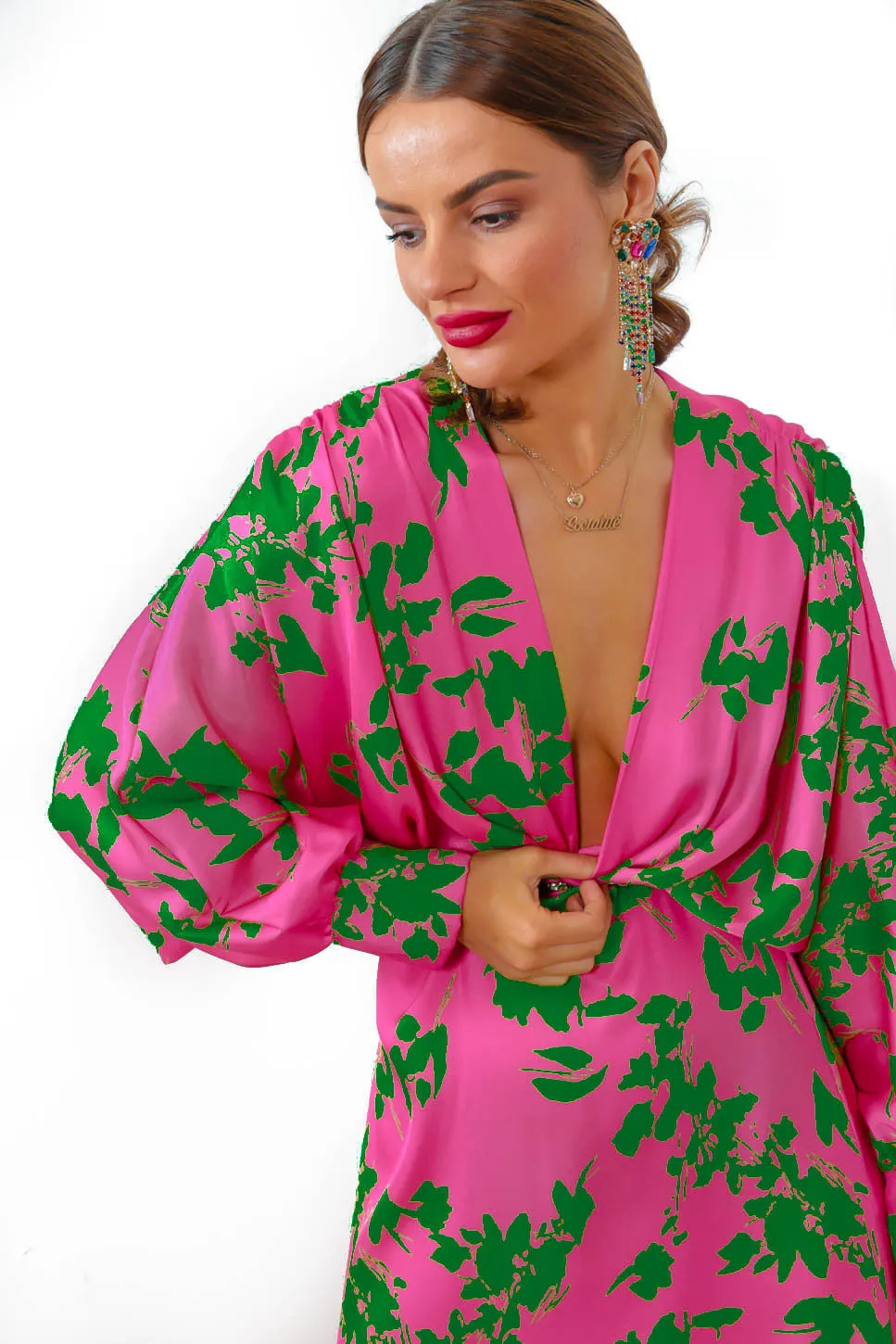 In My Imagination - Pink Green Floral Batwing Midi Dress