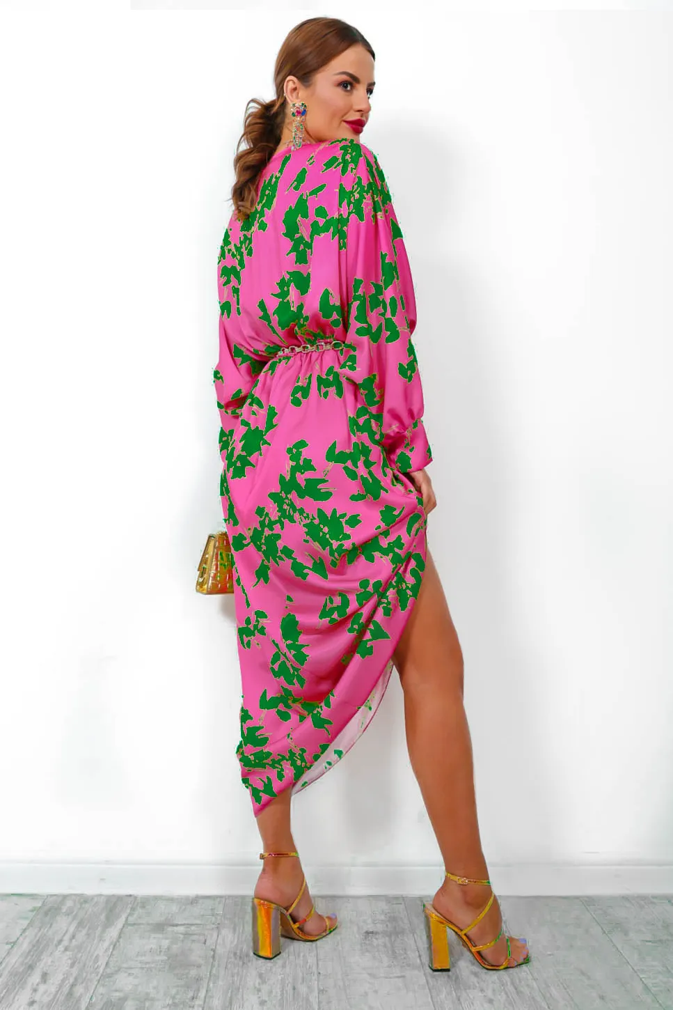 In My Imagination - Pink Green Floral Batwing Midi Dress