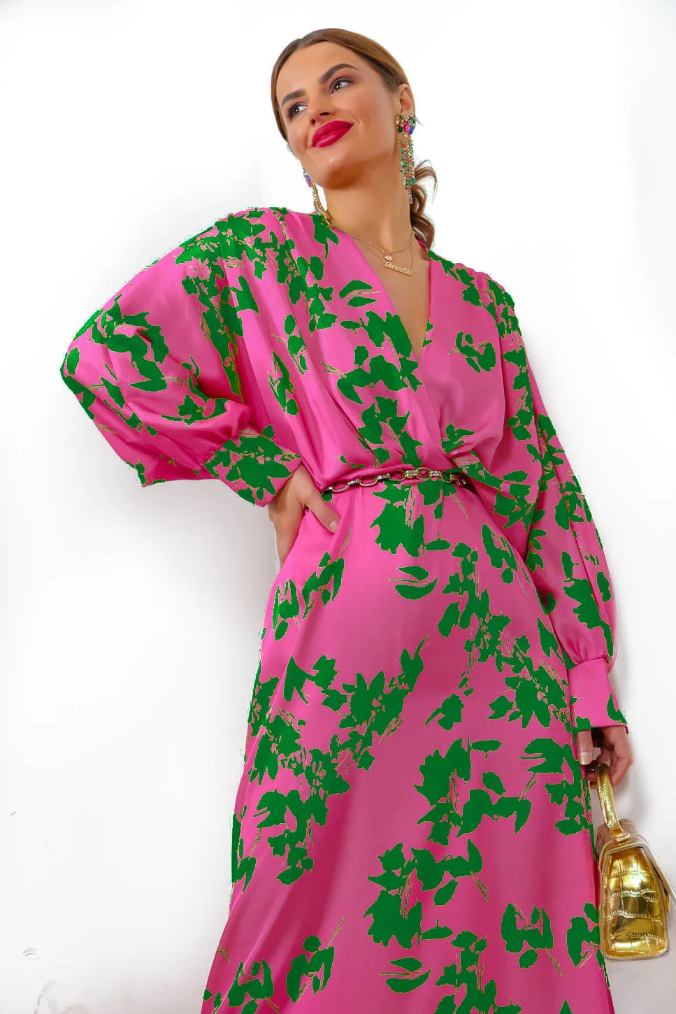 In My Imagination - Pink Green Floral Batwing Midi Dress