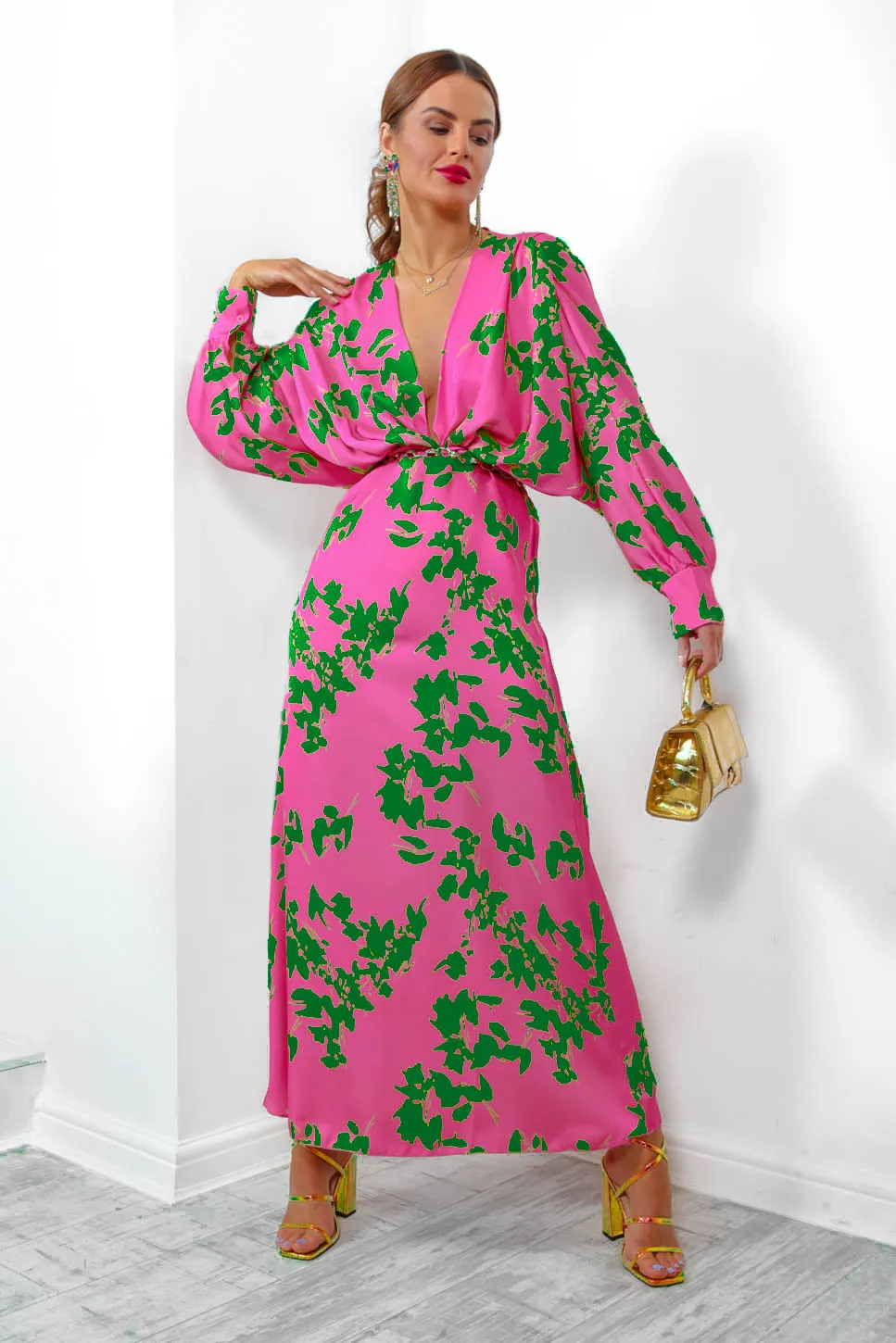 In My Imagination - Pink Green Floral Batwing Midi Dress