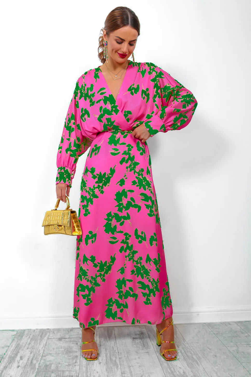 In My Imagination - Pink Green Floral Batwing Midi Dress