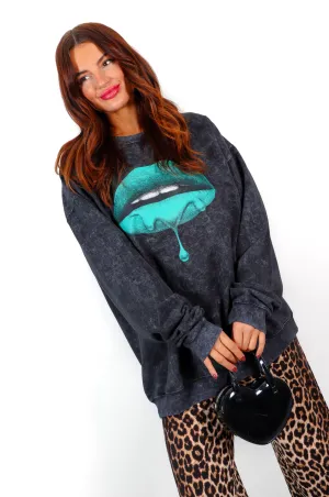 Kiss And Tell - Acid Wash Green Lips Graphic Jumper