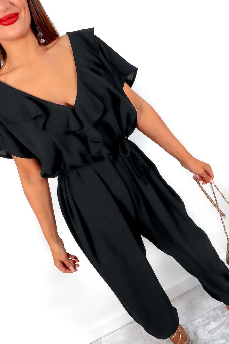 Like It Ruffle - Black Ruffle Elasticated Jumpsuit