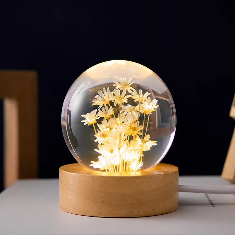 Luminous 3D Dandelion Crystal Ball Beech Wood Stand Base Preserved Flower Sphere Ball Desktop Ornaments Bithday Christmas Gifts