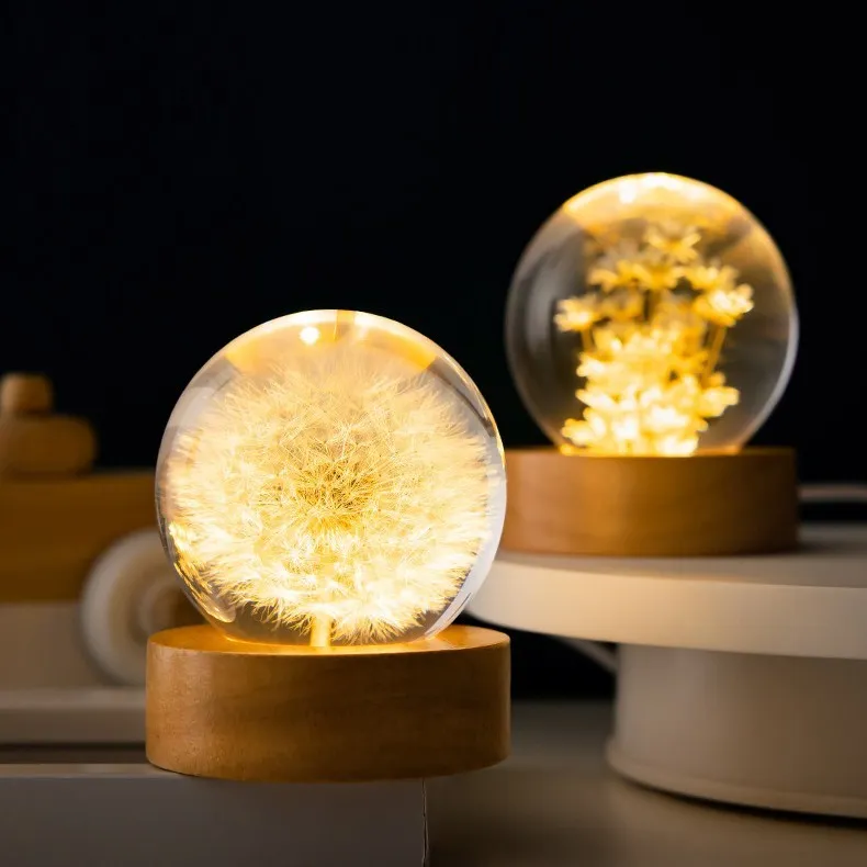 Luminous 3D Dandelion Crystal Ball Beech Wood Stand Base Preserved Flower Sphere Ball Desktop Ornaments Bithday Christmas Gifts