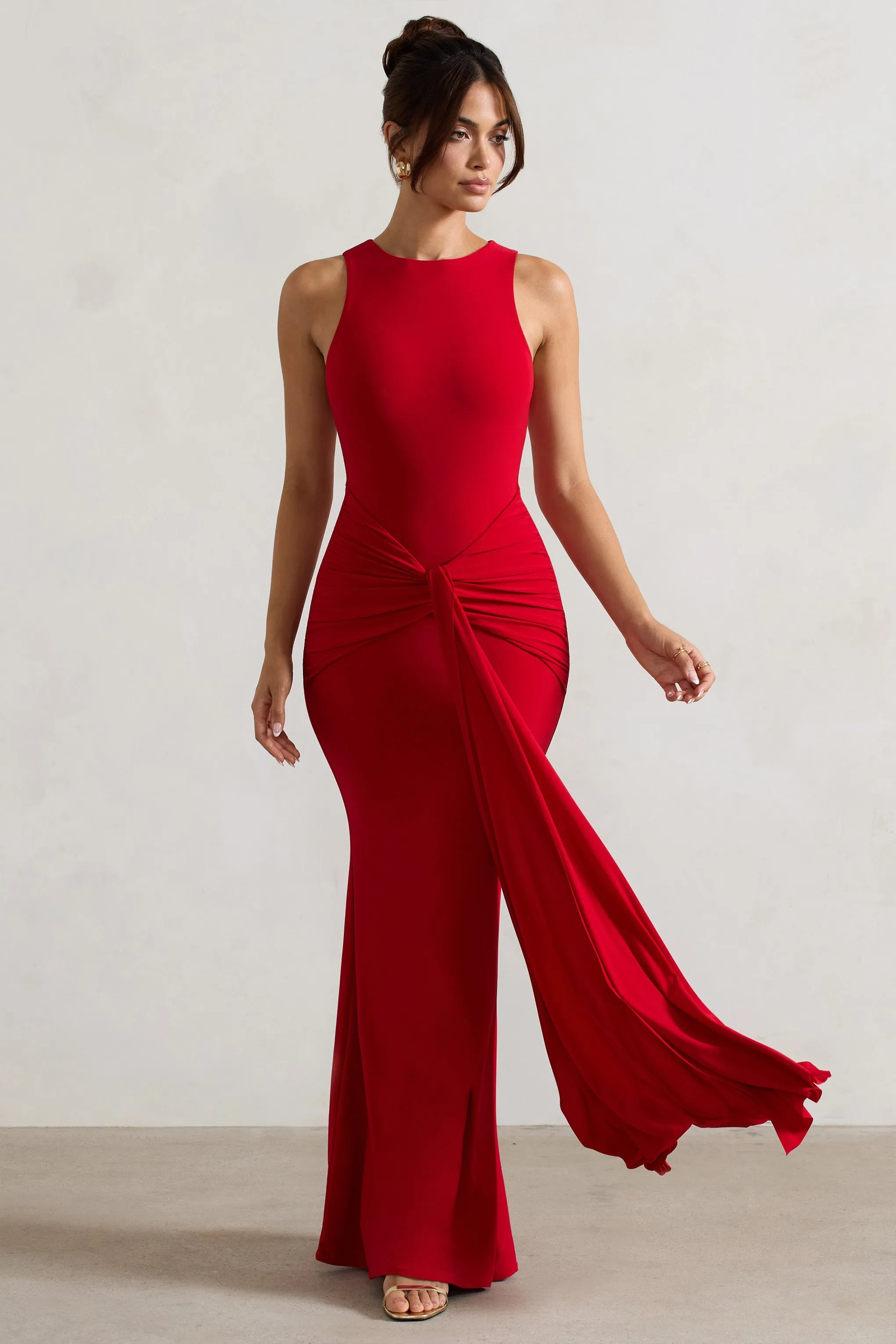 Maren | Red Racer-Neck Gathered Maxi Dress With Drape