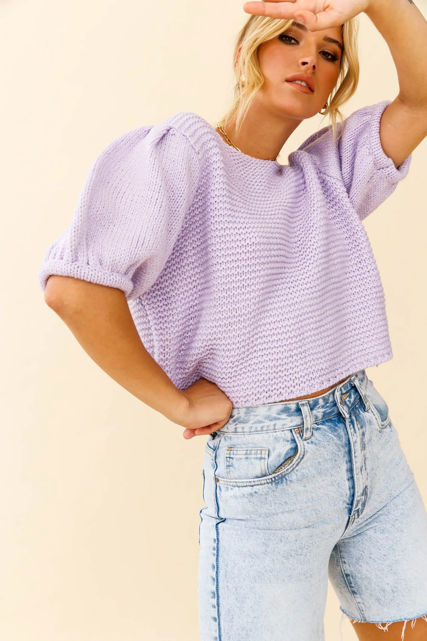 Marla Puff Sleeve Chunky Knit Top Lilac