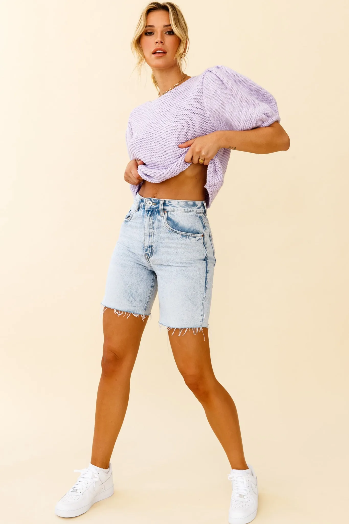 Marla Puff Sleeve Chunky Knit Top Lilac