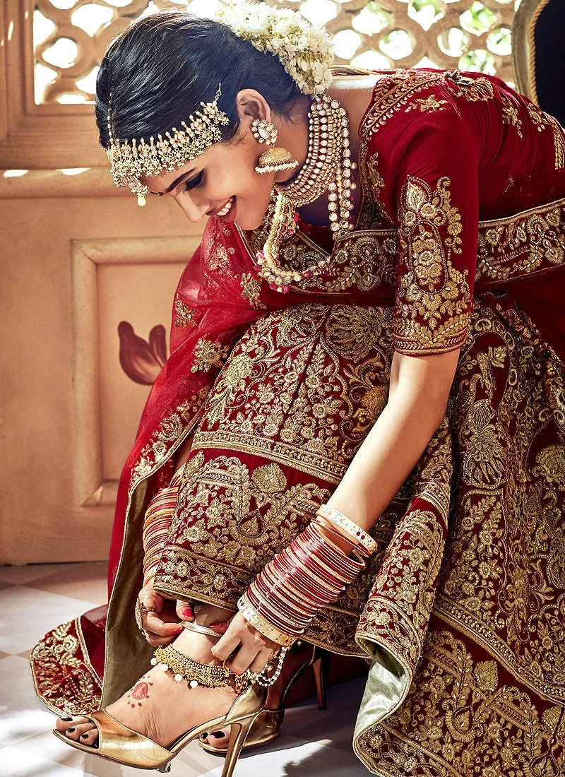 Maroon Bridal Velvet Hand Embroidered Lehenga Choli