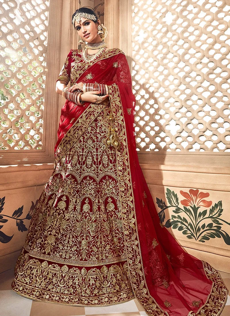 Maroon Bridal Velvet Hand Embroidered Lehenga Choli