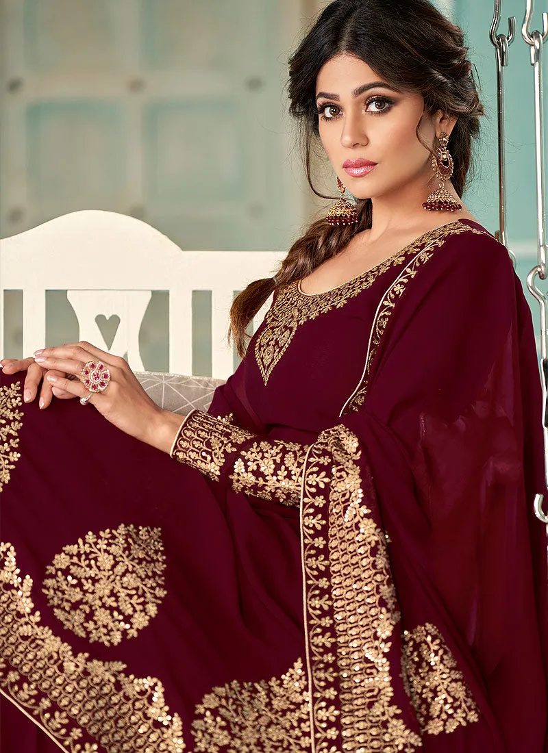 Maroon Embroidered Flared Anarkali Suit