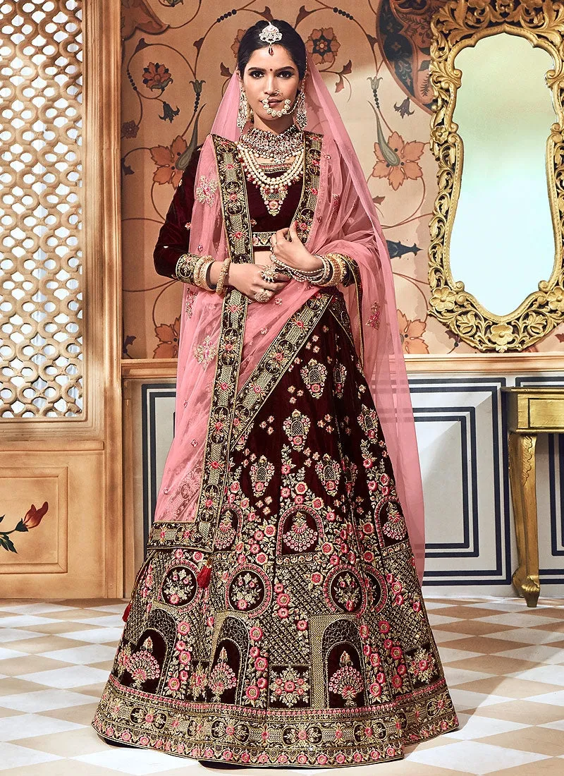 Maroon With Pink Velvet Hand Embroidered Lehenga Choli