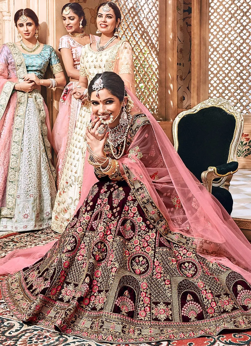 Maroon With Pink Velvet Hand Embroidered Lehenga Choli