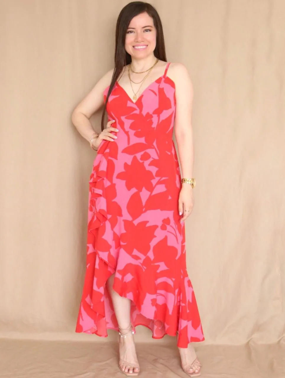 MAXIVESTIDO TIRAS CON VUELO ESPIRAL ESTAMPADO ROJO