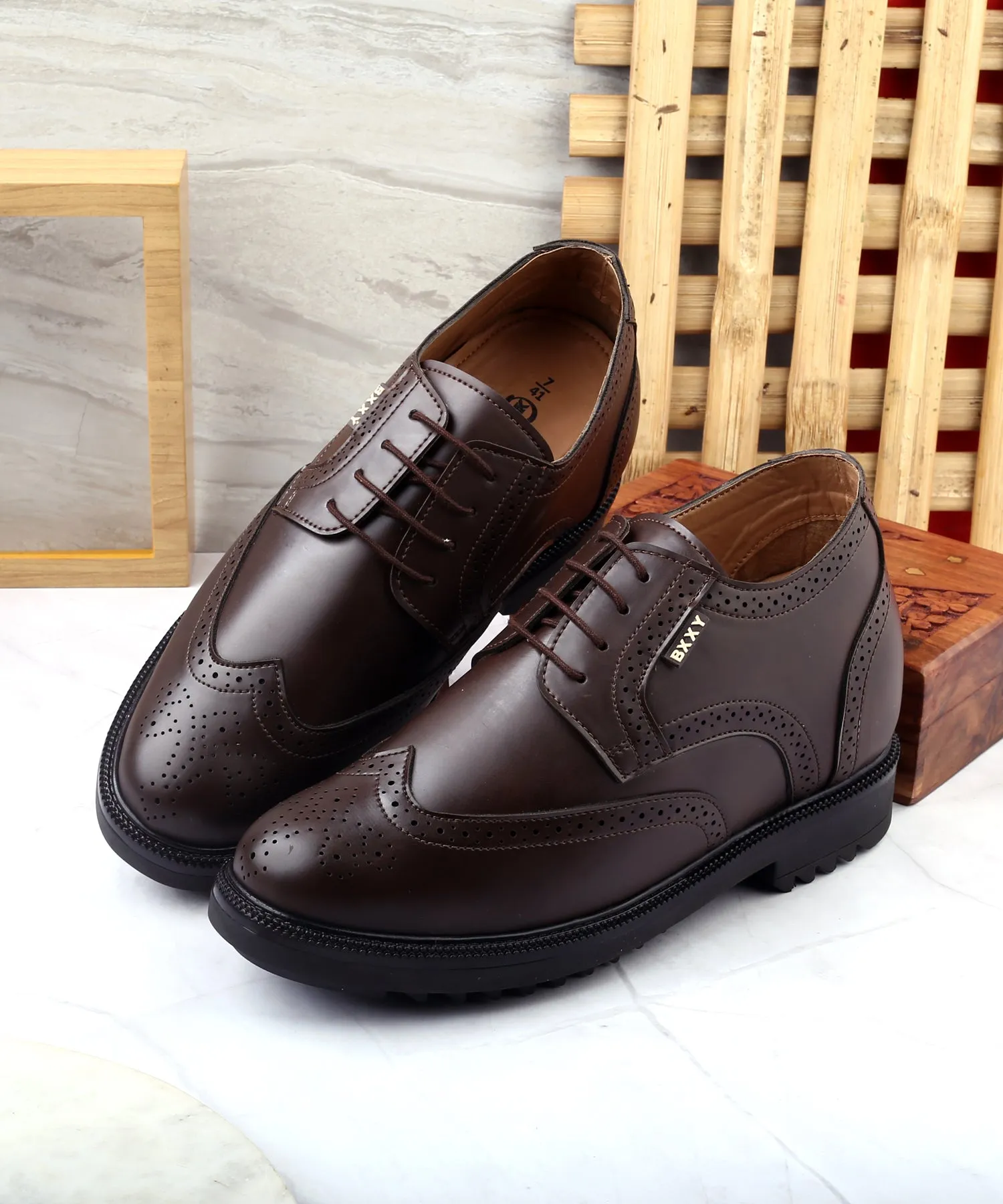 Men's 3.5 Inch Hidden Height Increasing Vegan Leather Brogue Shoes