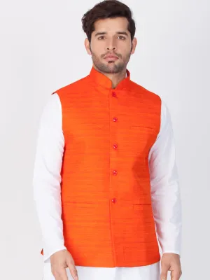 Men's Orange Cotton Blend Ethnic Jacket - Vastramay