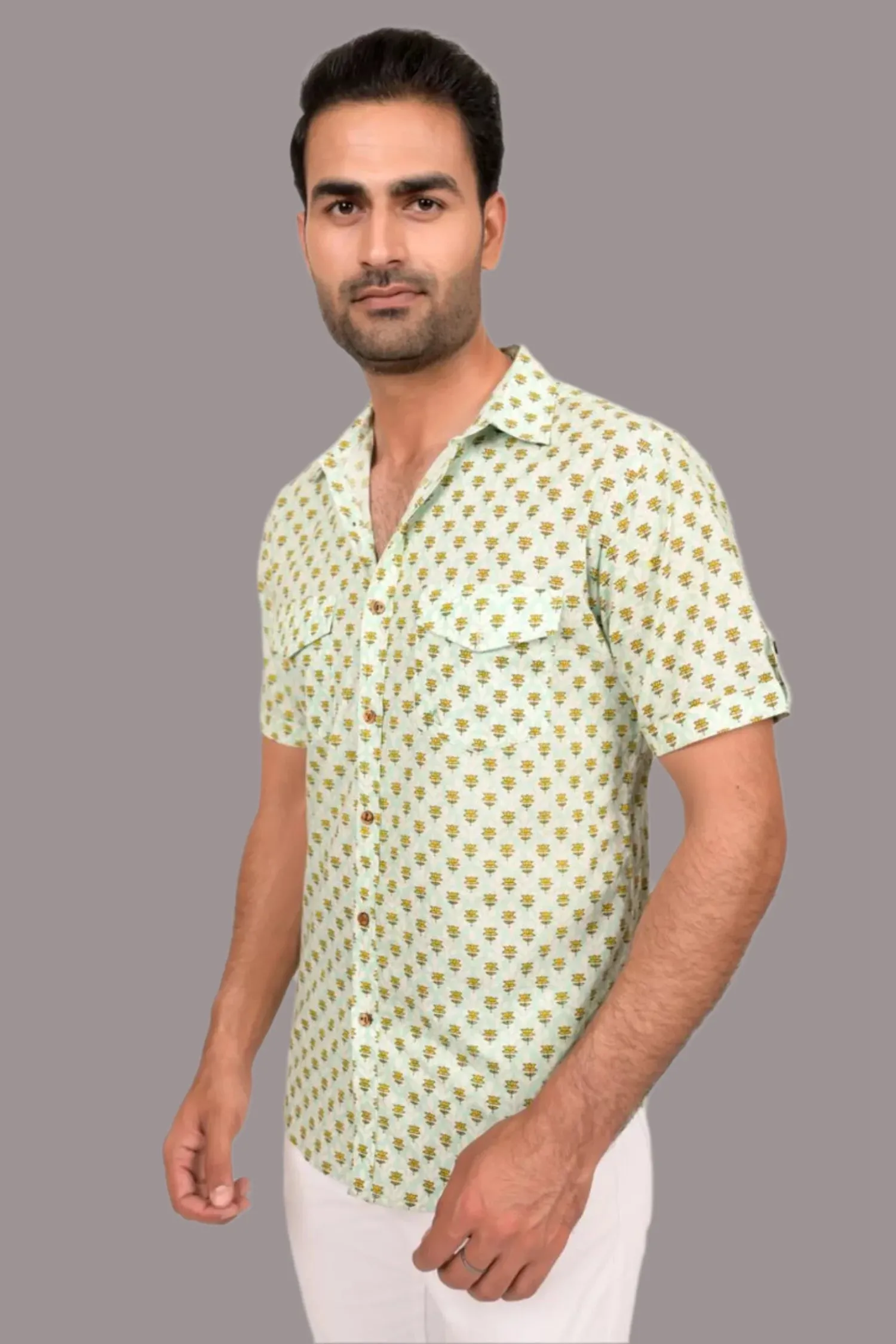 Mint Green Lotus Printed Half Sleeve Shirt