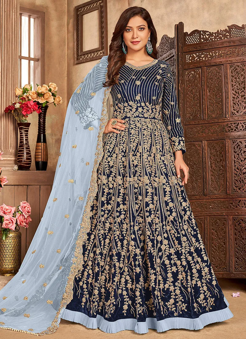 Navy Blue Embroidered Velvet Anarkali Suit