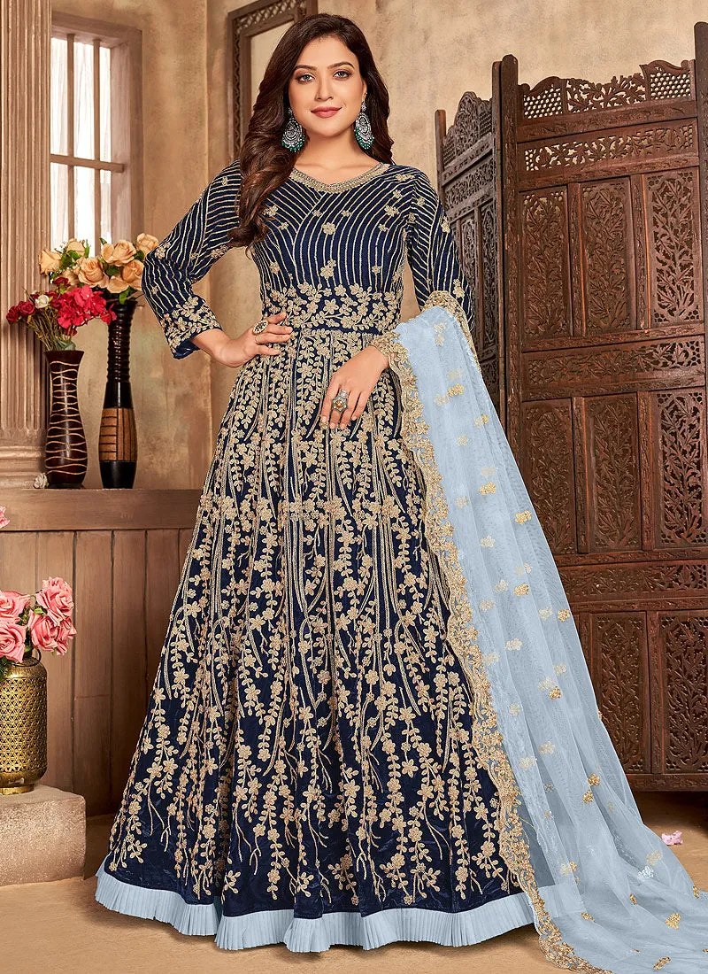 Navy Blue Embroidered Velvet Anarkali Suit