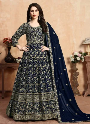 Navy Blue Zari Embroidered Designer Anarkali Suit