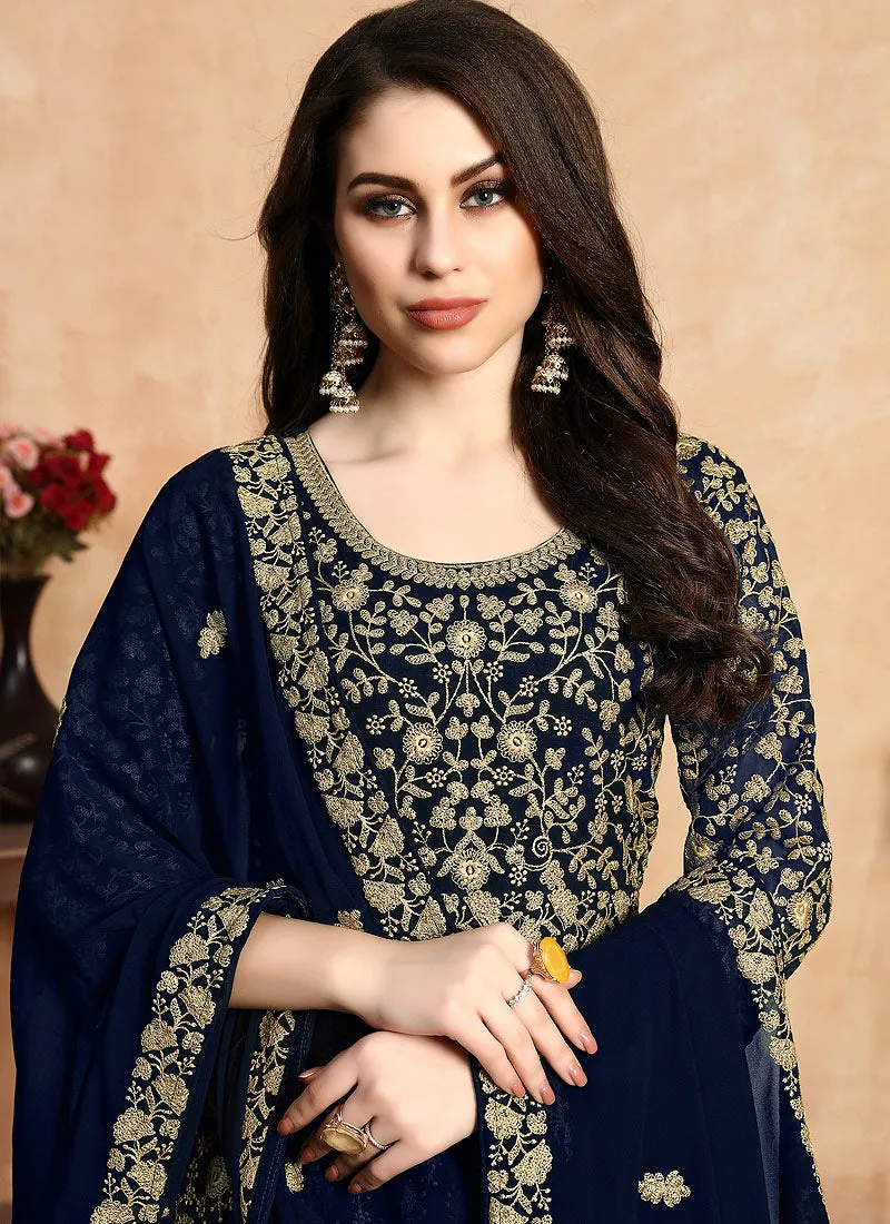 Navy Blue Zari Embroidered Designer Anarkali Suit