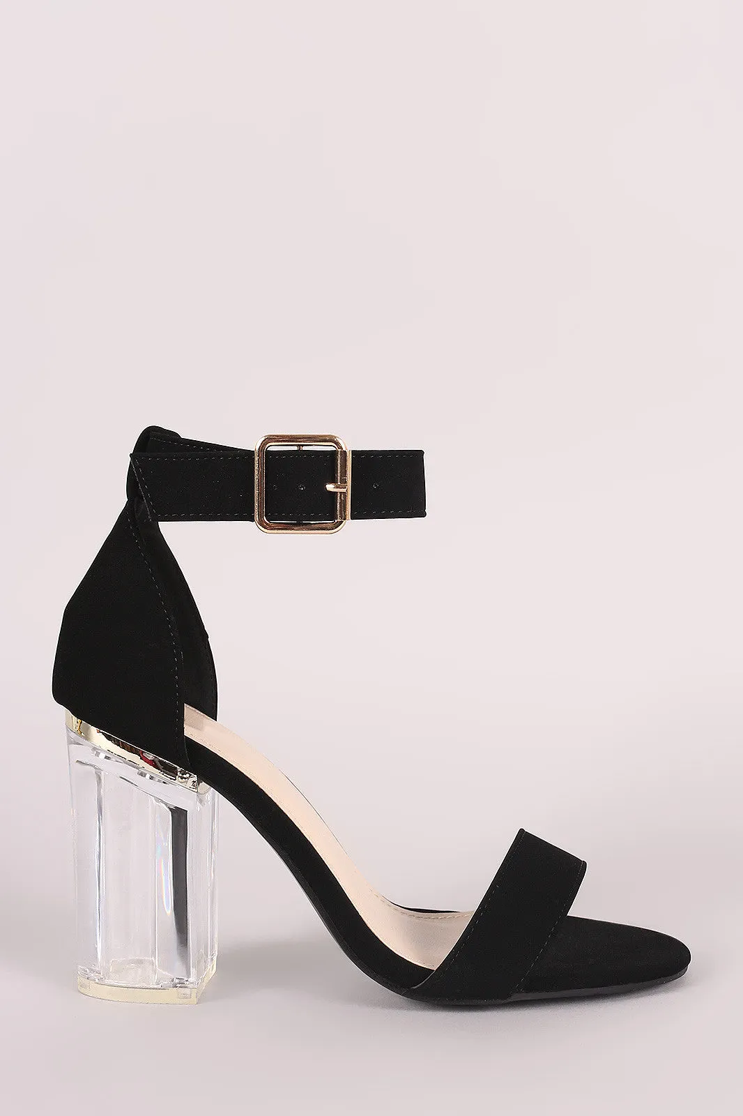 Nubuck Ankle Strap Chunky Lucite Heel