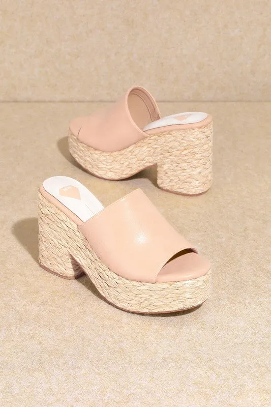 Nude Pink Straw Natural Chunky Heel Sandals