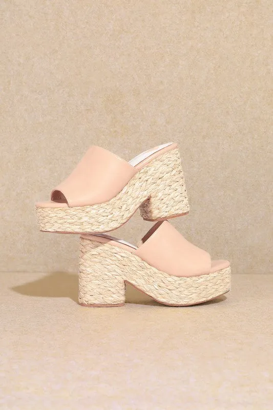 Nude Pink Straw Natural Chunky Heel Sandals