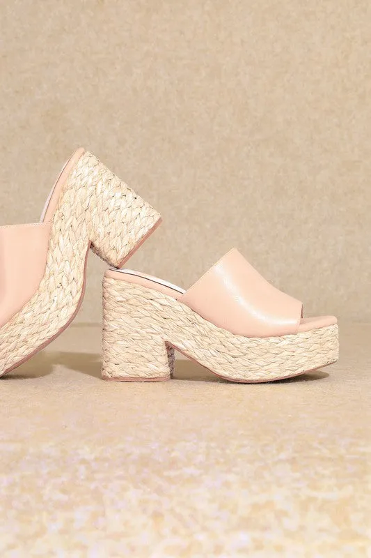 Nude Pink Straw Natural Chunky Heel Sandals