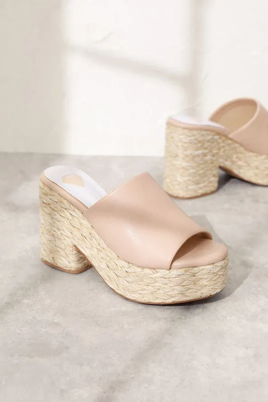 Nude Pink Straw Natural Chunky Heel Sandals