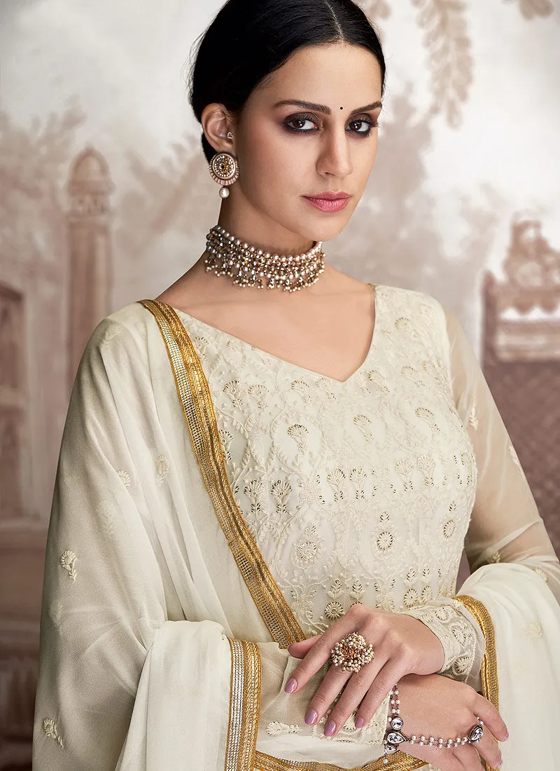 Off White Golden Embroidered Anarkali Suit