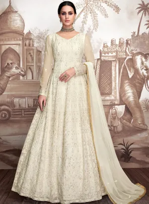 Off White Golden Embroidered Anarkali Suit