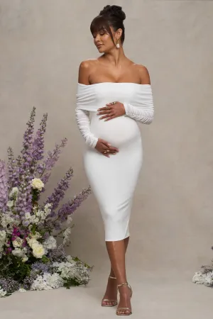 Patiently Waiting | White Maternity Ruched Mesh Bardot Midi Dress